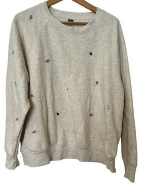 Old Navy Oatmeal  Heather Embroidered Floral Crewneck Sweatshirt Size XL X Large